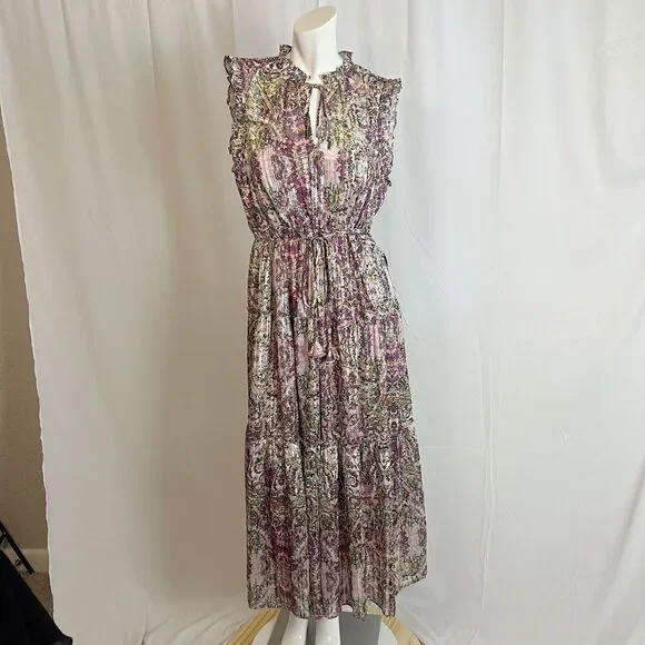 NWT Socialite Metallic Floral Print Tiered Sleeveless Purple Green Dress Size XL - Picture 2 of 7